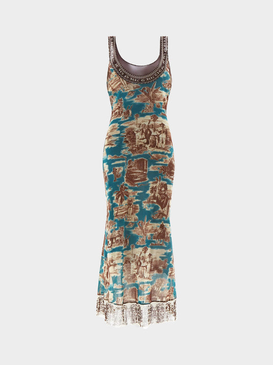 Jean Paul Gaultier SS 1998 Cuba Print Mesh Maxi Dress
