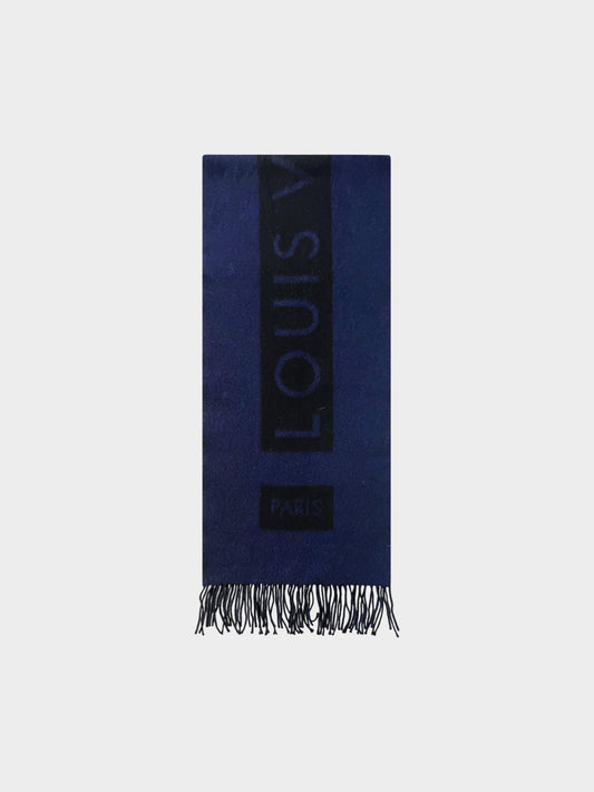 Louis Vuitton Early 2020s Reversible Navy Cashmere Fringed Scarf