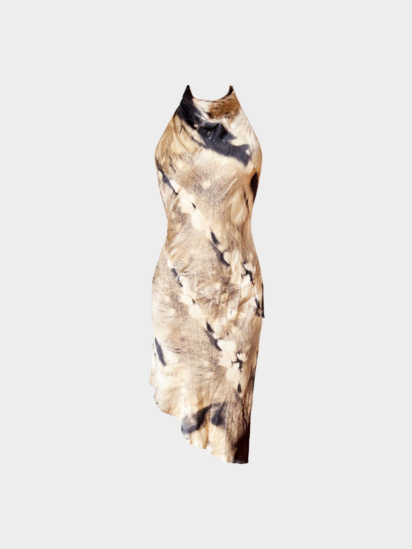 Roberto Cavalli 2000s Neutral Fur Print Asymmetrical Halter Dress