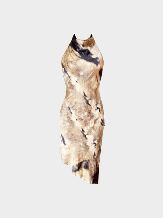 Roberto Cavalli 2000s Neutral Fur Print Asymmetrical Halter Dress