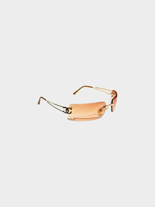 Chanel 2000s Brown Rimless CC Rectangle and Cut-out Sunglasses