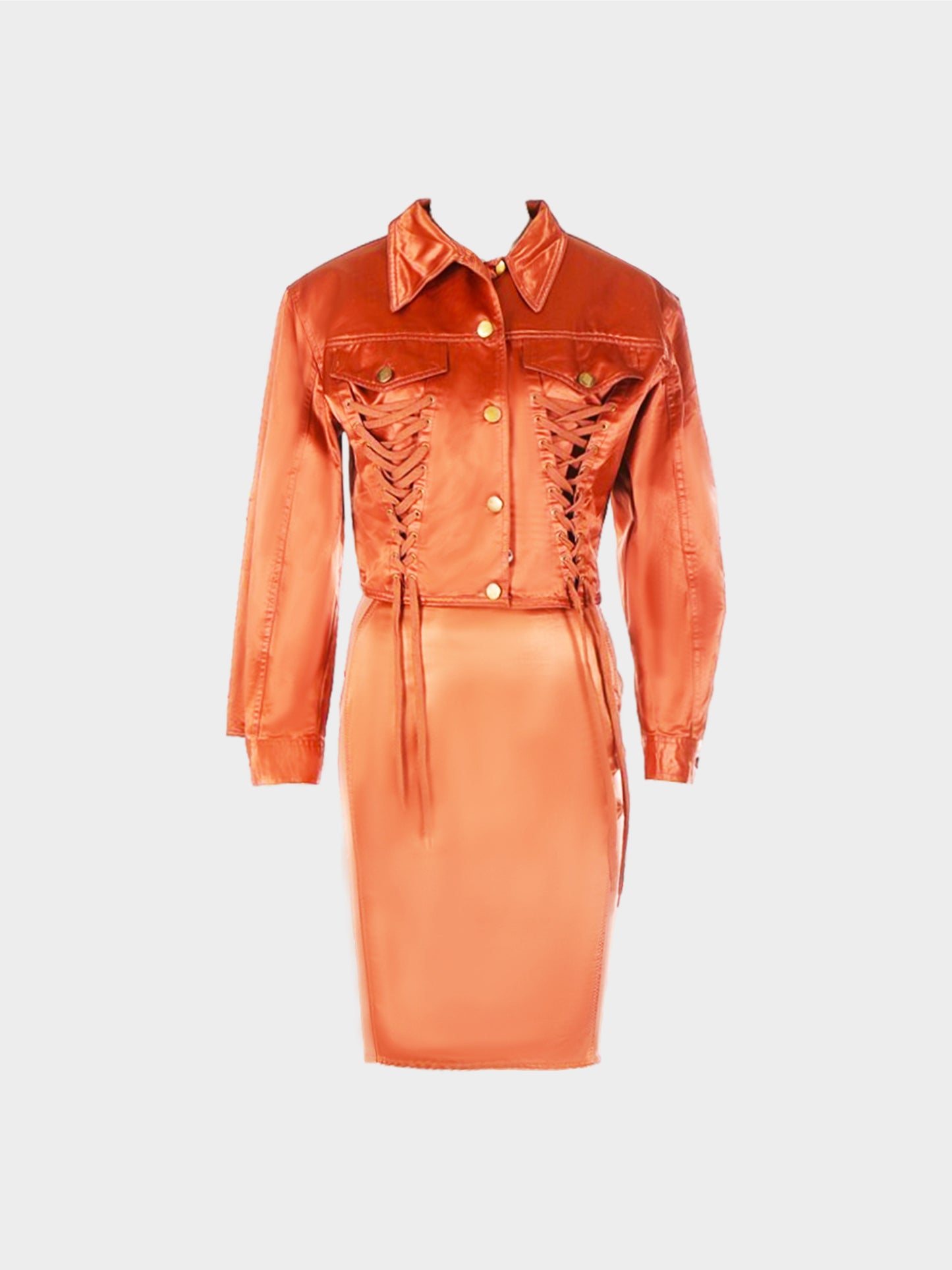 Jean Paul Gaultier Early 1990s Dark Peach Satin Jacket and Skirt Set
