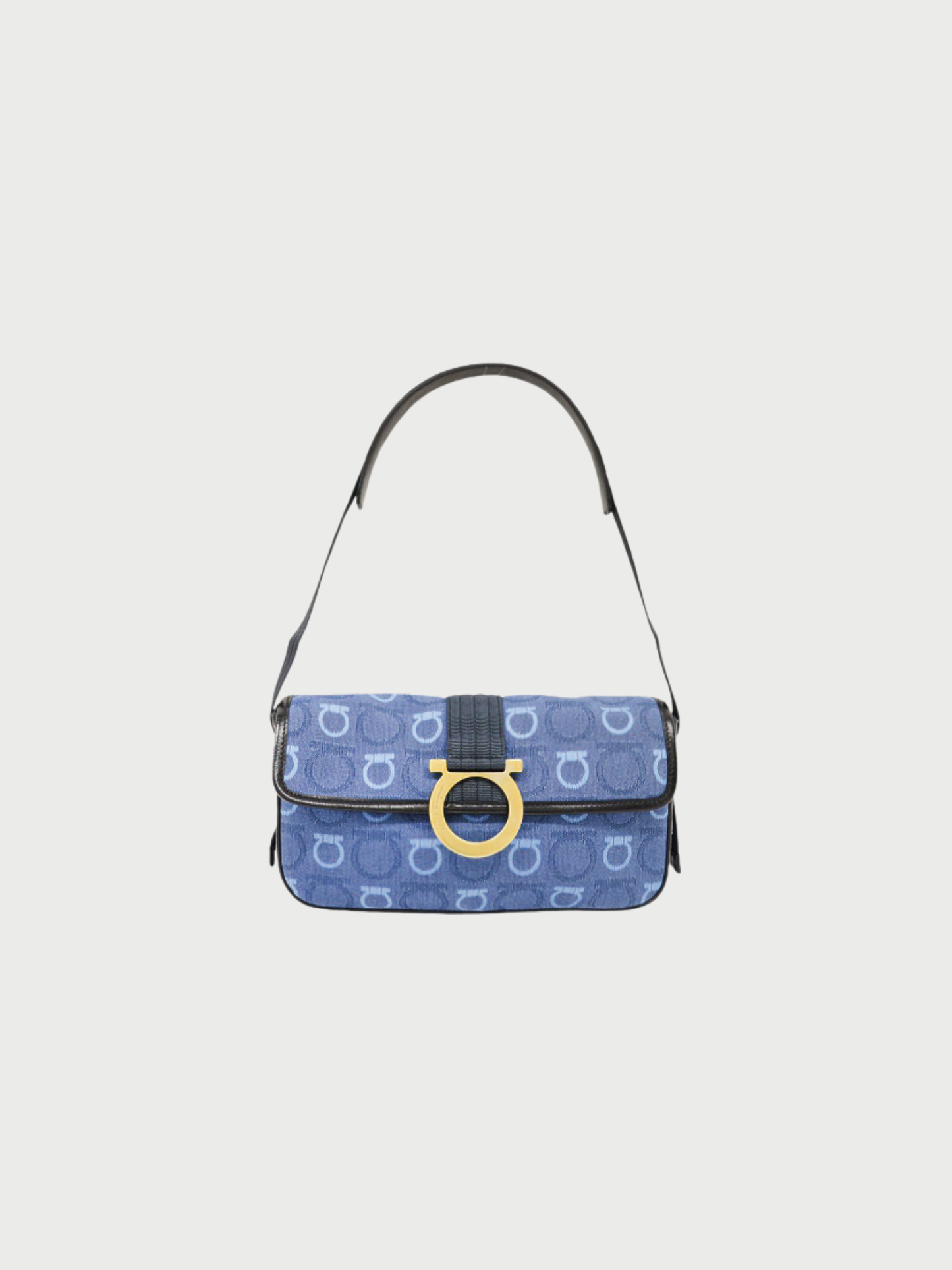 Salvatore Ferragamo 2000s Blue Black Denim Leather Gancini Hardware Shoulder Bag