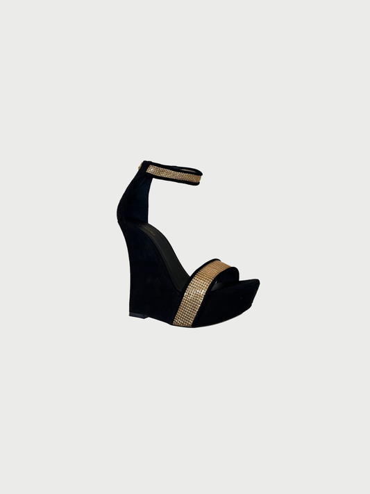 Balmain 2010s Black Suede Samara Platform Wedge Sandals