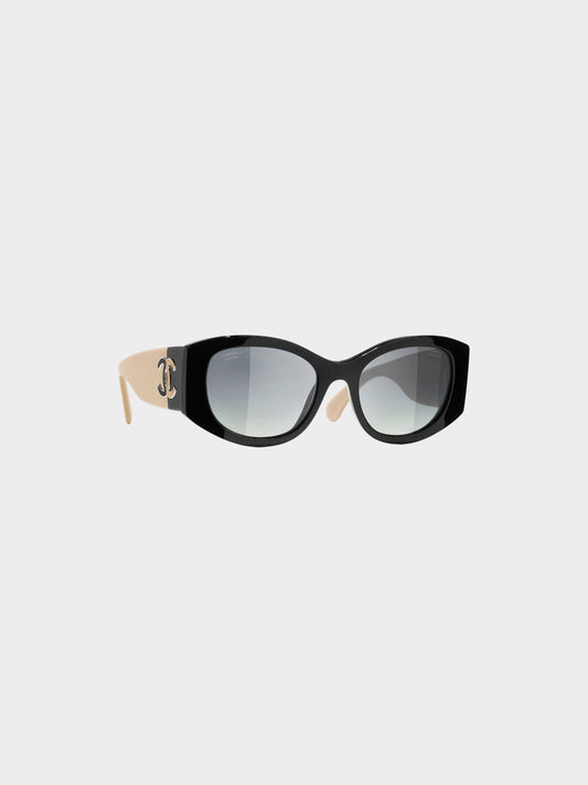 Chanel 2020s Beige and Black Two-tone Oval Sunglasses