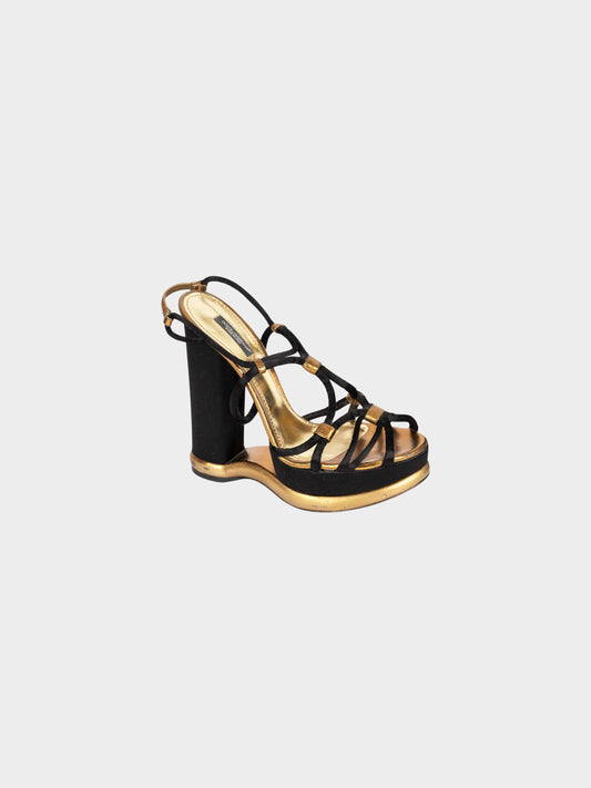 Dolce and Gabbana 2010s Black and Gold Strappy Wedge Sandals