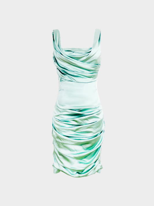 Dolce and Gabbana 2010s Green Silk Ruched Mini Dress