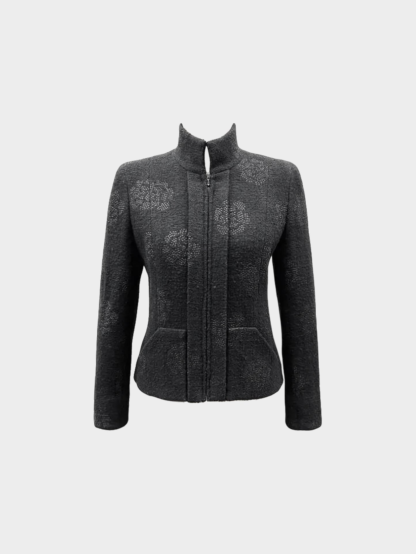 Chanel 2003 Black Wool Jacket with Lurex Camellia Print