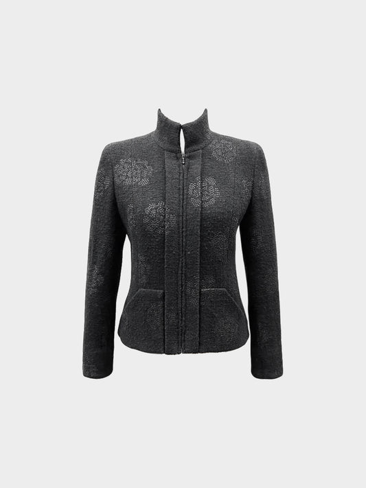 Chanel 2003 Black Wool Jacket with Lurex Camellia Print