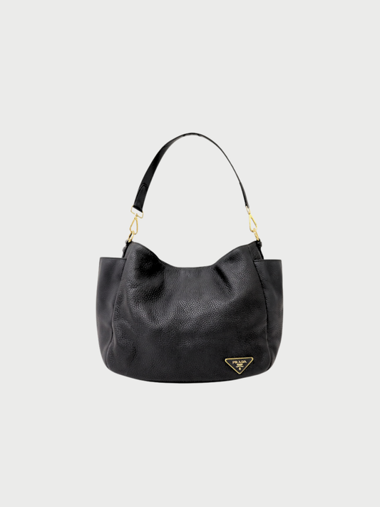 Prada 2000s Black Leather Triangle Logo One Shoulder Bag