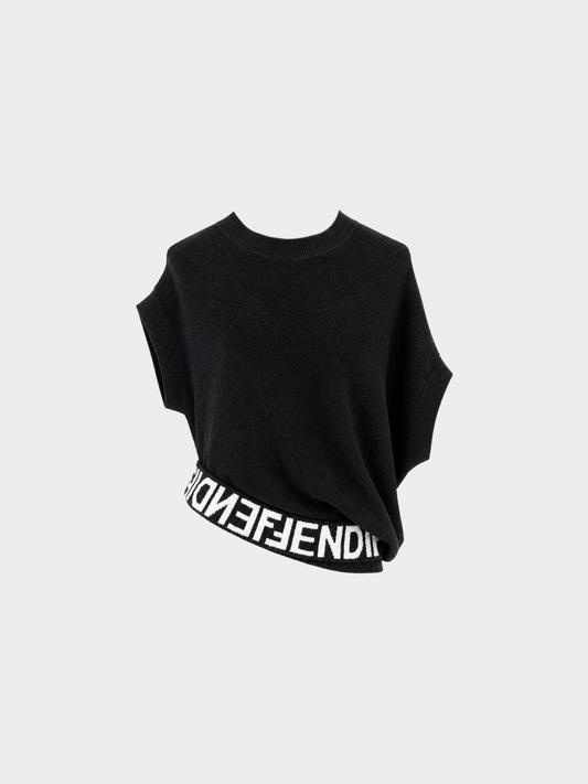 Fendi 2020s Black Knit Asymmetrical Logo Hem Sweater