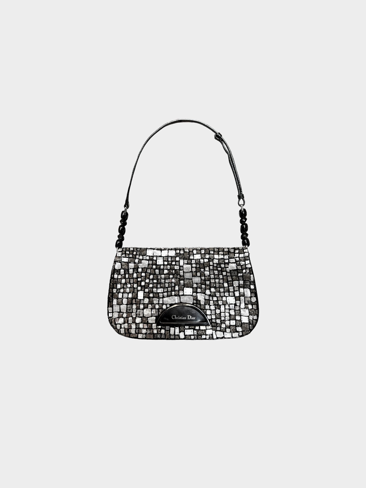 Christian Dior 1999 Black and Silver Beaded Calf Hair Maris Pearl Shoulder Bag