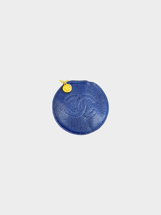 Chanel 1990s Blue Caviar Round Vanity Bag