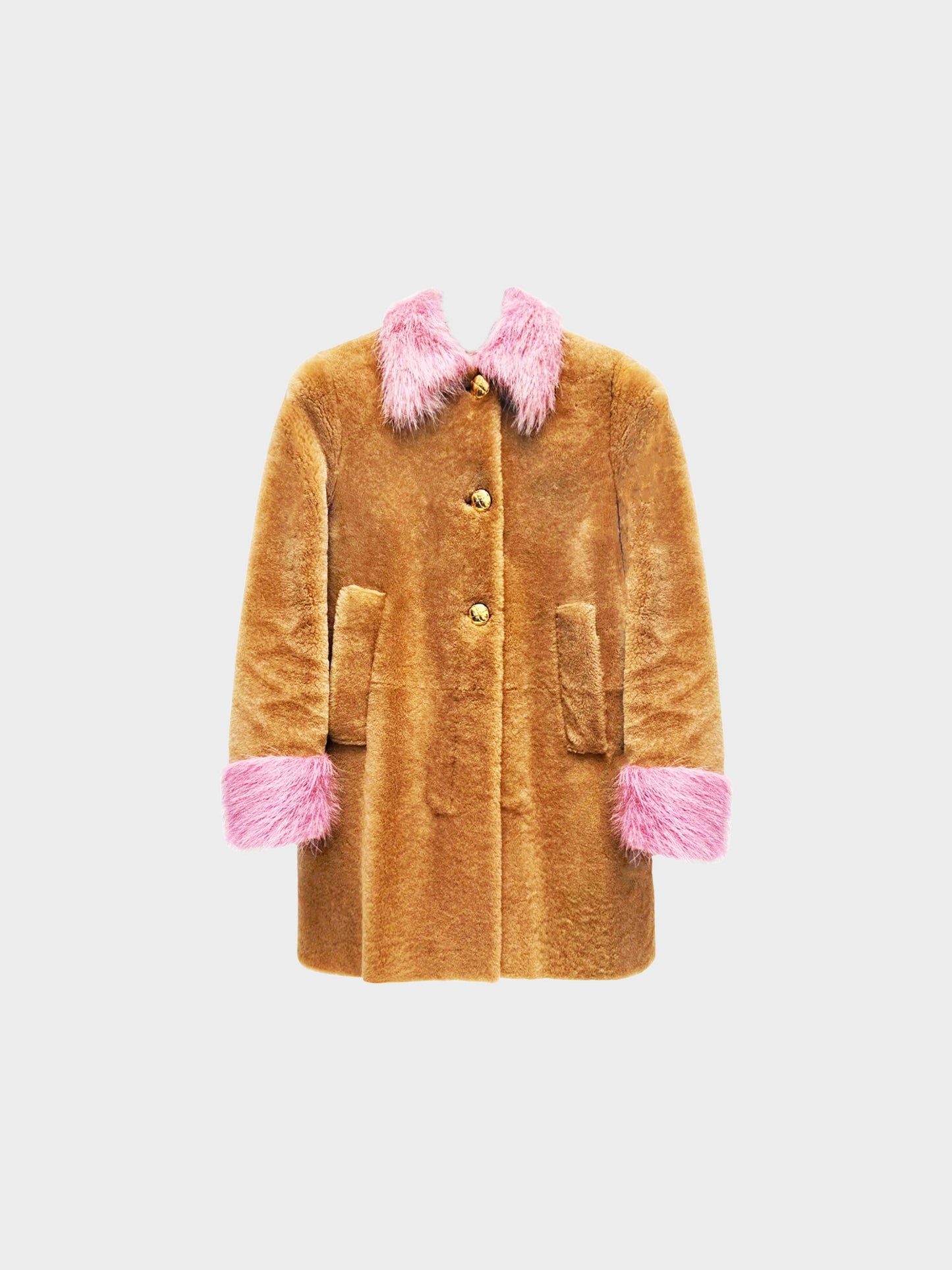 Miu Miu 2010s Brown Shearling Coat with Pink Faux Fur Trim