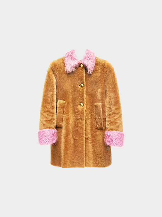 Miu Miu 2010s Brown Shearling Coat with Pink Faux Fur Trim
