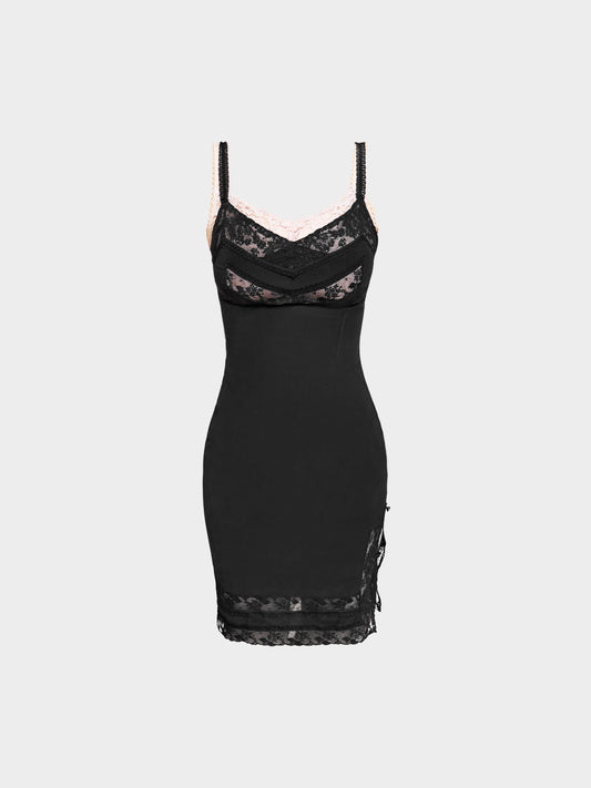 Dolce and Gabbana 2000s Black and Beige Lace-trimmed Silk Dress