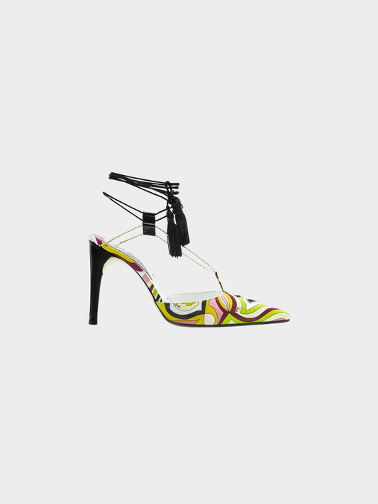 Emilio Pucci 2000s Silk Geometric Pattern Print Heels with Black Tassels