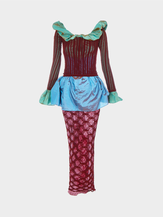 Jean Paul Gaultier SS 2001 Archival Burgundy Mesh Iridescent Taffeta Two-piece Ensemble