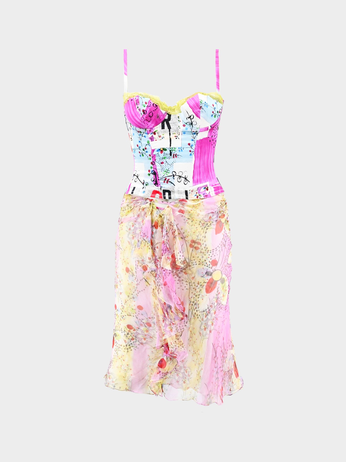 Christian Dior SS 2003 Filth Print Silk Bustier, Ruffled Top and Skirt Set