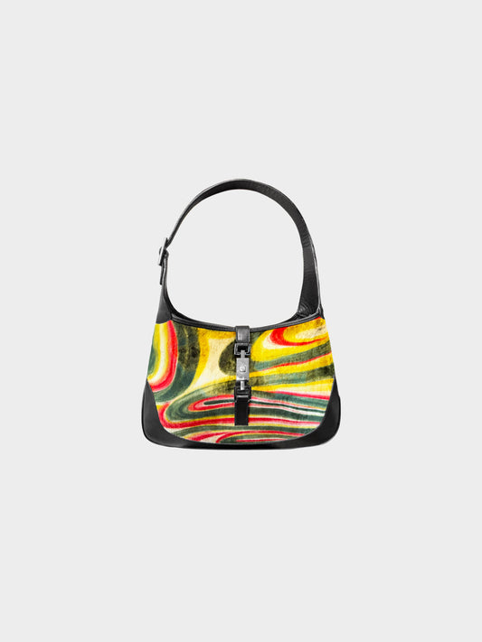 Gucci by Tom Ford FW 1999 Black and Multicolor Psychedelic Velvet Jackie Handbag