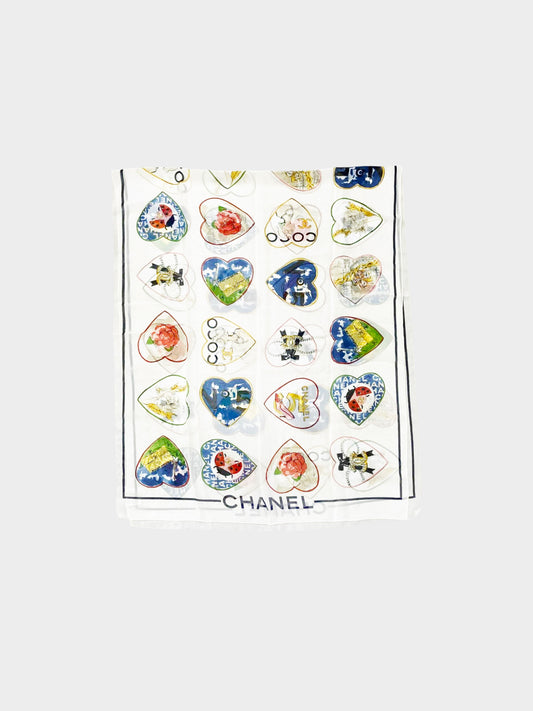 Chanel 2000s Rare Multicolor Heart Motif and Coco Mark Print Large Silk Scarf