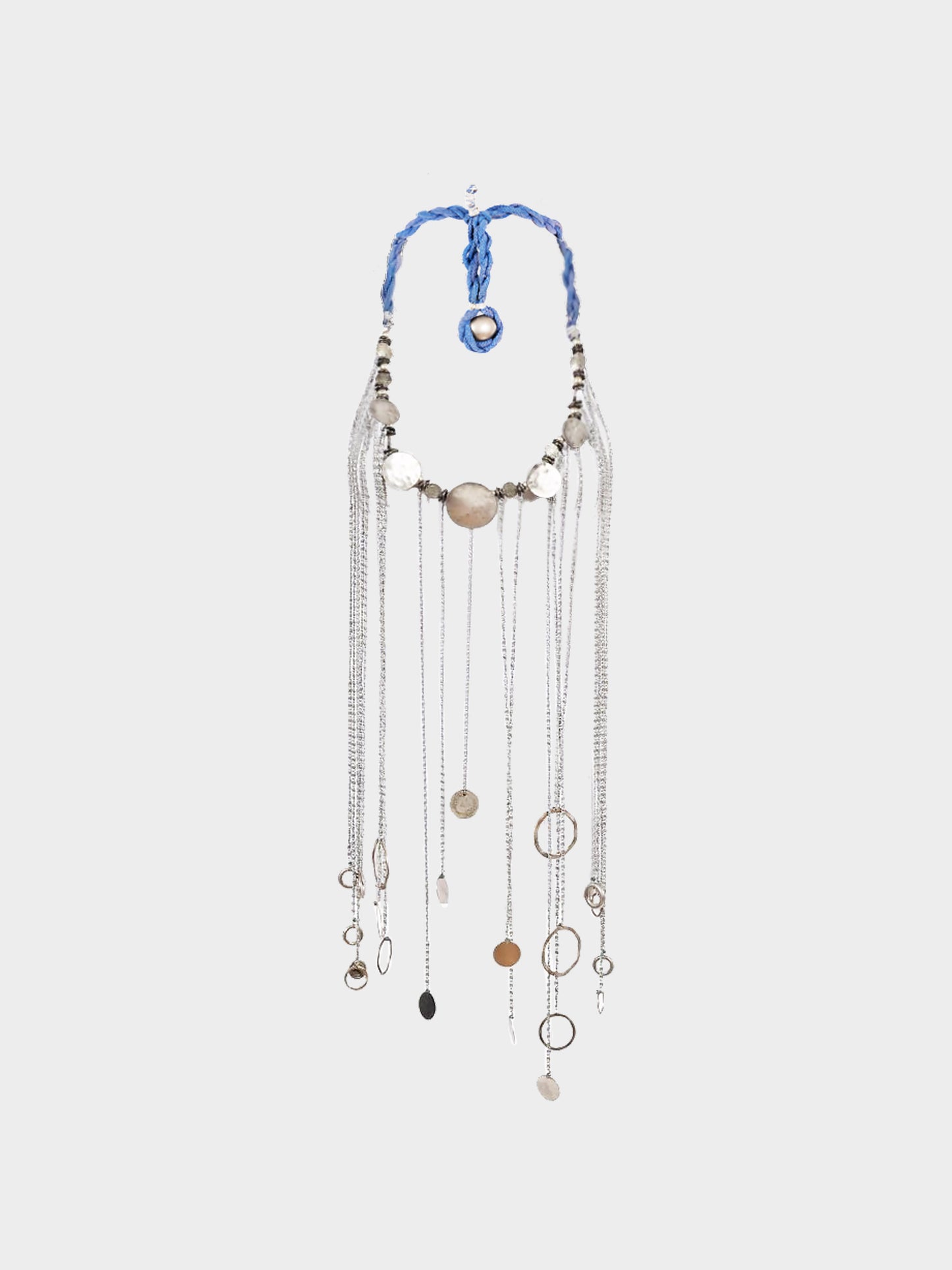 Loris Azzaro 1983 Silver Chain Metal Rings and Blue Rope Pectoral Necklace