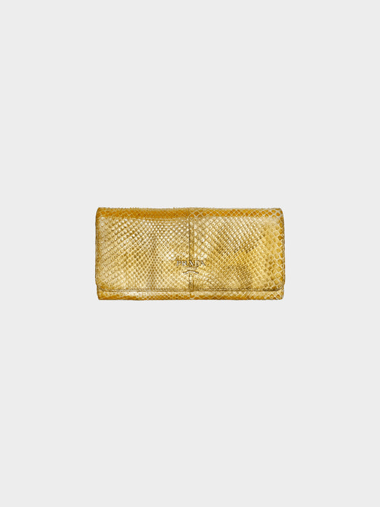 Prada 2000s Metallic Gold Python Leather Long Wallet