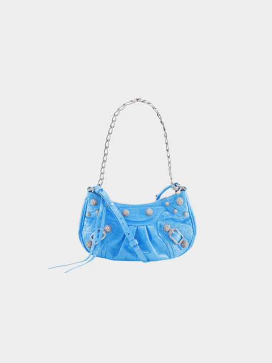 Balenciaga 2020s Light Blue Embossed Leather Hourglass XS Chain Shoulder Bag