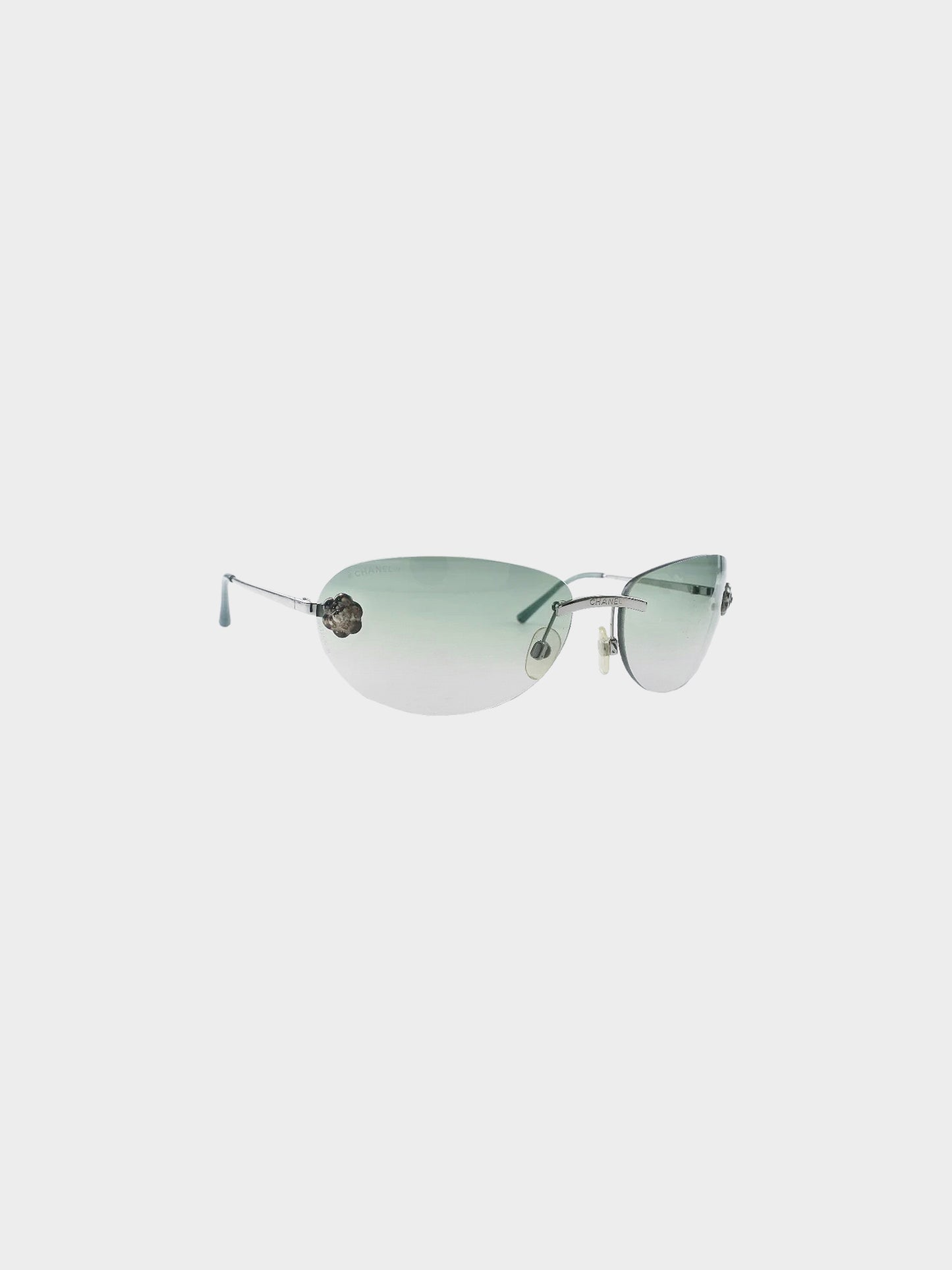 Chanel 2000s Gradient Blue Camellia Rimless Oval Sunglasses