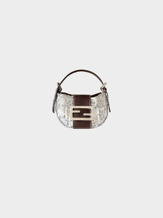 Fendi 2000s Silver Sequins and Brown Leather Mini Croissant Bag
