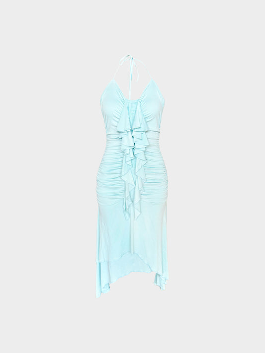 Emanuel Ungaro 2000s Light Blue Gathered and Ruffled Halter Neck Dress