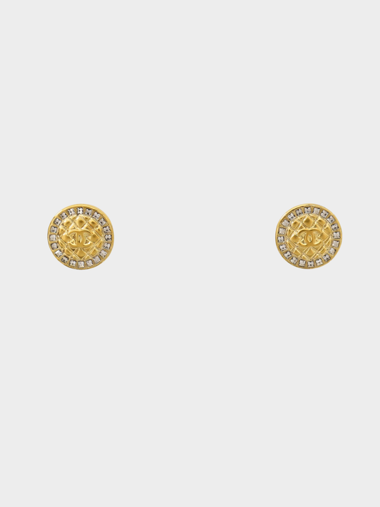 Chanel 2017 Gold Rhinestone Matelassé Round Earrings