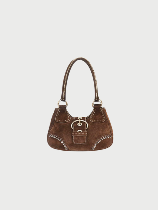 Prada 2000s Brown Suede Triangle Logo Handbag