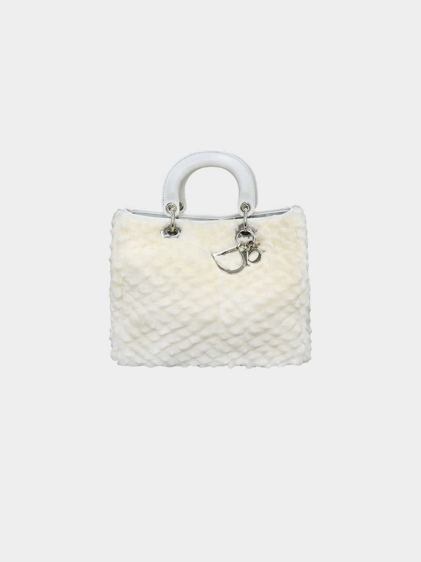 Christian Dior 2008 Ivory White Rabbit Fur Lady Dior Hand Bag