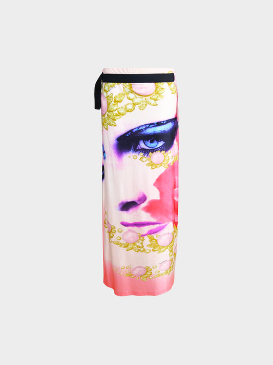 Roberto Cavalli SS 2001 Pink Liz Taylor Face Print Silk Maxi Skirt