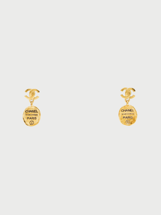 Chanel 1980s Gold Plated Metal COCO Plate Earrings