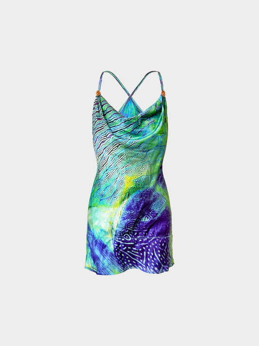 Roberto Cavalli 1990s Blue and Green Peacock Feather Print Mini Dress