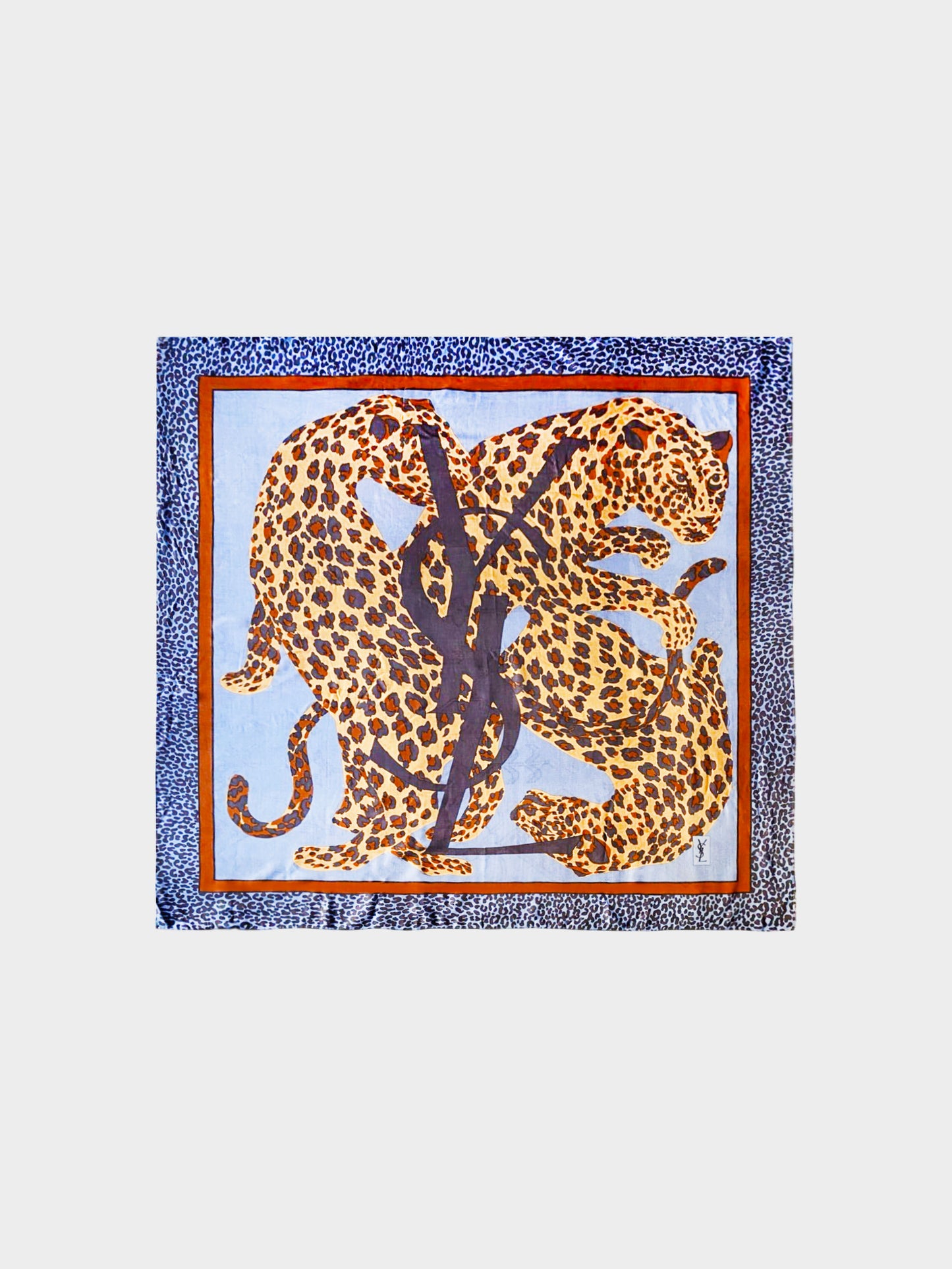 Yves Saint Laurent 1980s Rare Blue and Brown Leopard Print Silk Scarf