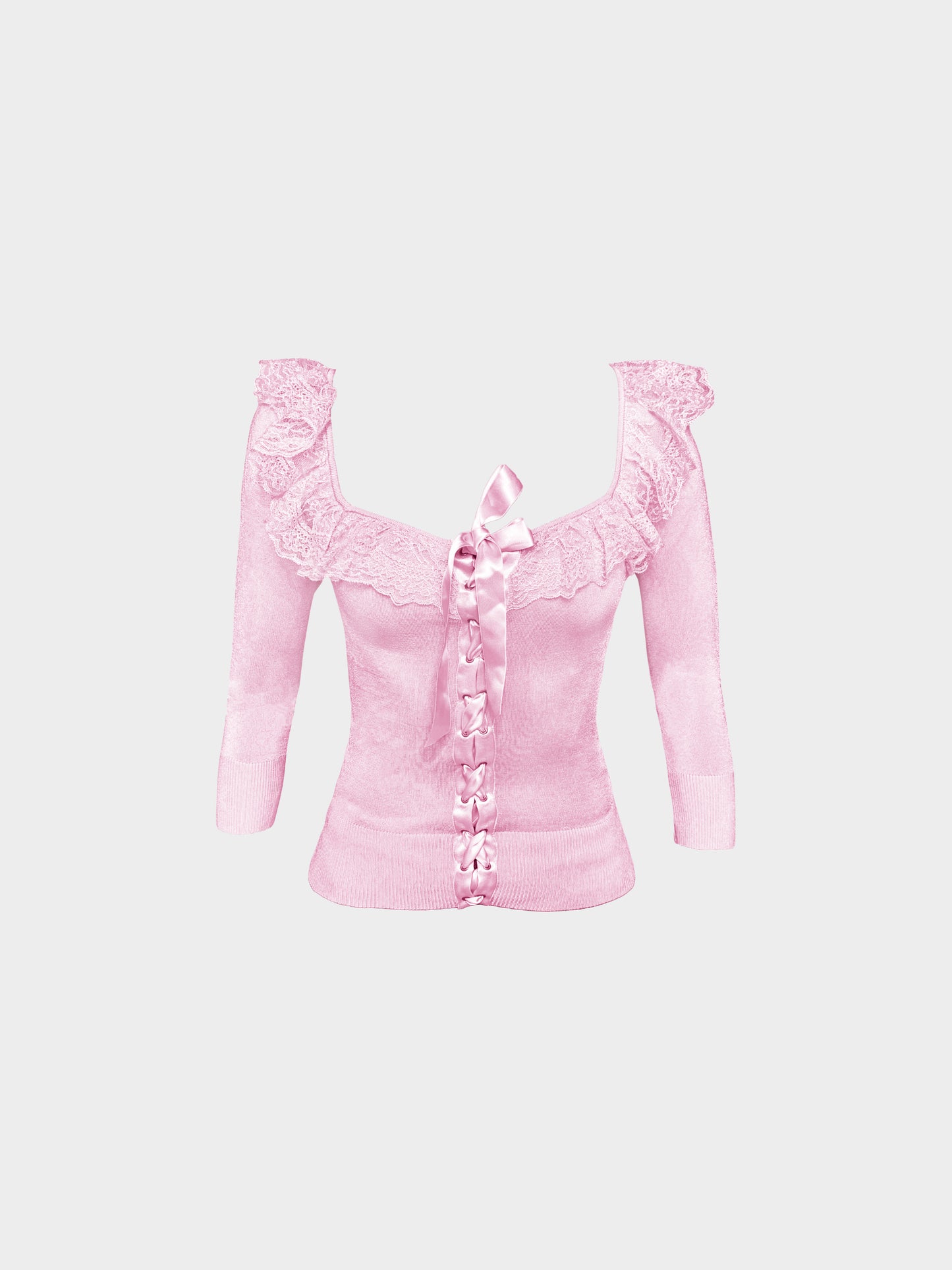 Valentino 2000s Pink Knitted Lace-up Blouse with Ruffled Lace