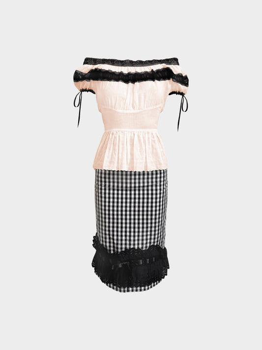Dolce and Gabbana SS 2006 White and Black Lace Trim and Check Print Top and Skirt Set