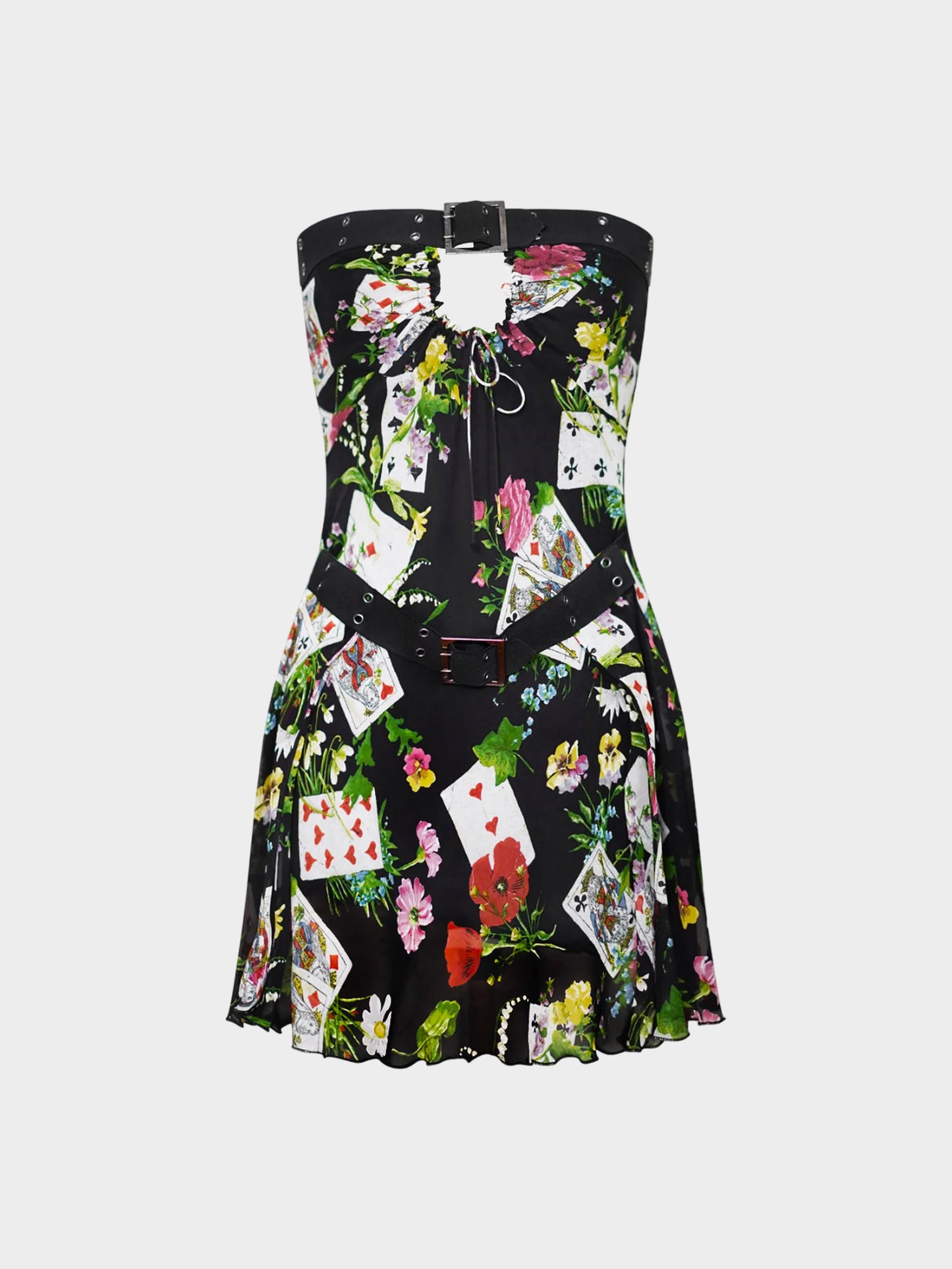 Christian Dior FW 2002 Black Cards and Floral Print Bustier Silk Dress