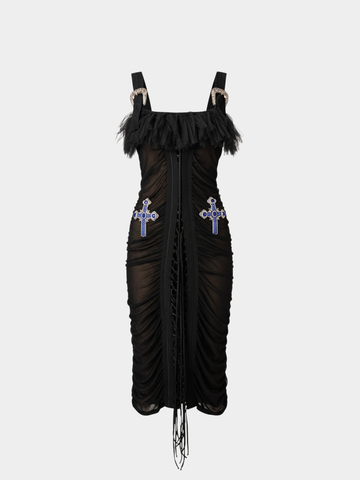 Dolce and Gabbana 2000s Black Rayon Lace-Up Cross Embellished Dress