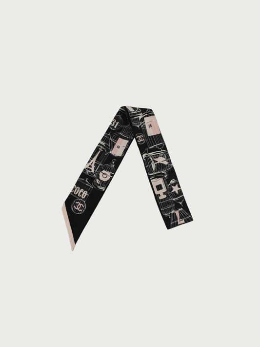 Chanel 2000s Black Pink Silk Coco Scarf