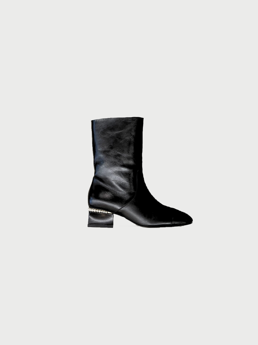 Chanel 2021 Black Leather Pearl Heel Boots