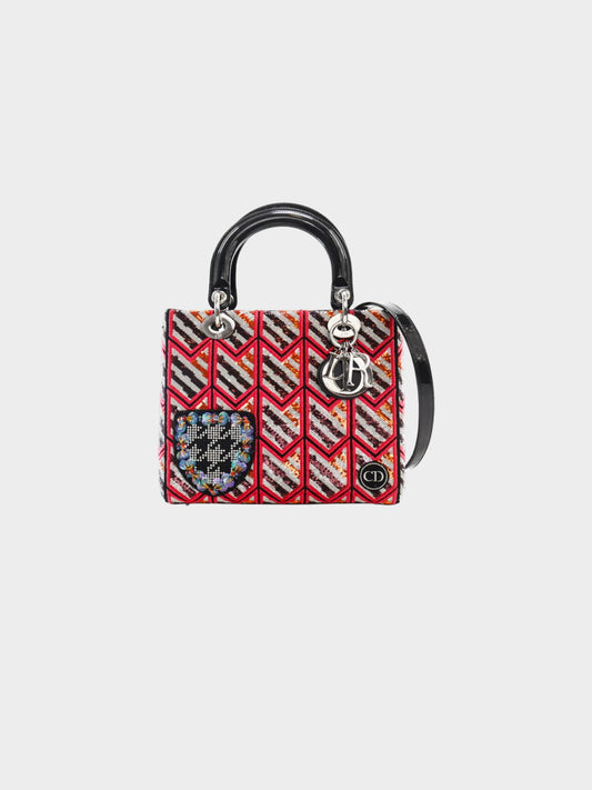 Christian Dior 2015 Sequin Embroidered Patent Leather Lady Dior Medium Handbag