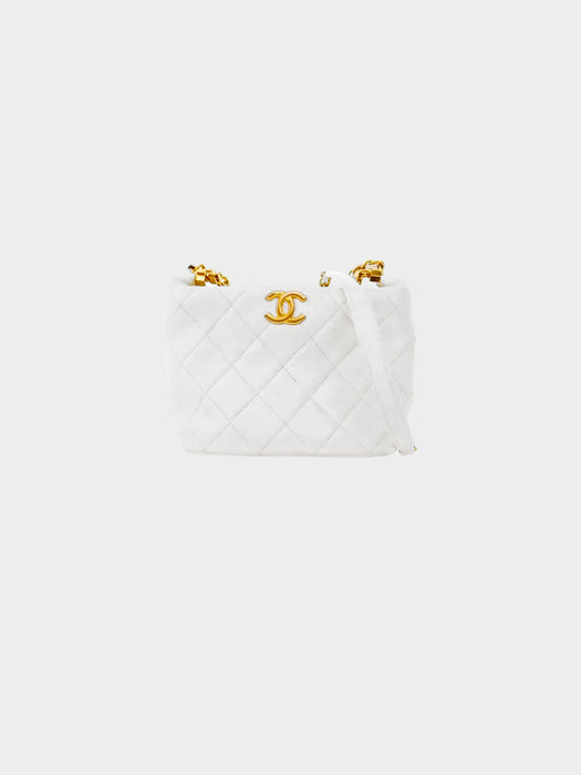 Chanel 2020s White Calfskin Seasonal Hobo Bag with CC Rhinestone Signature Chain