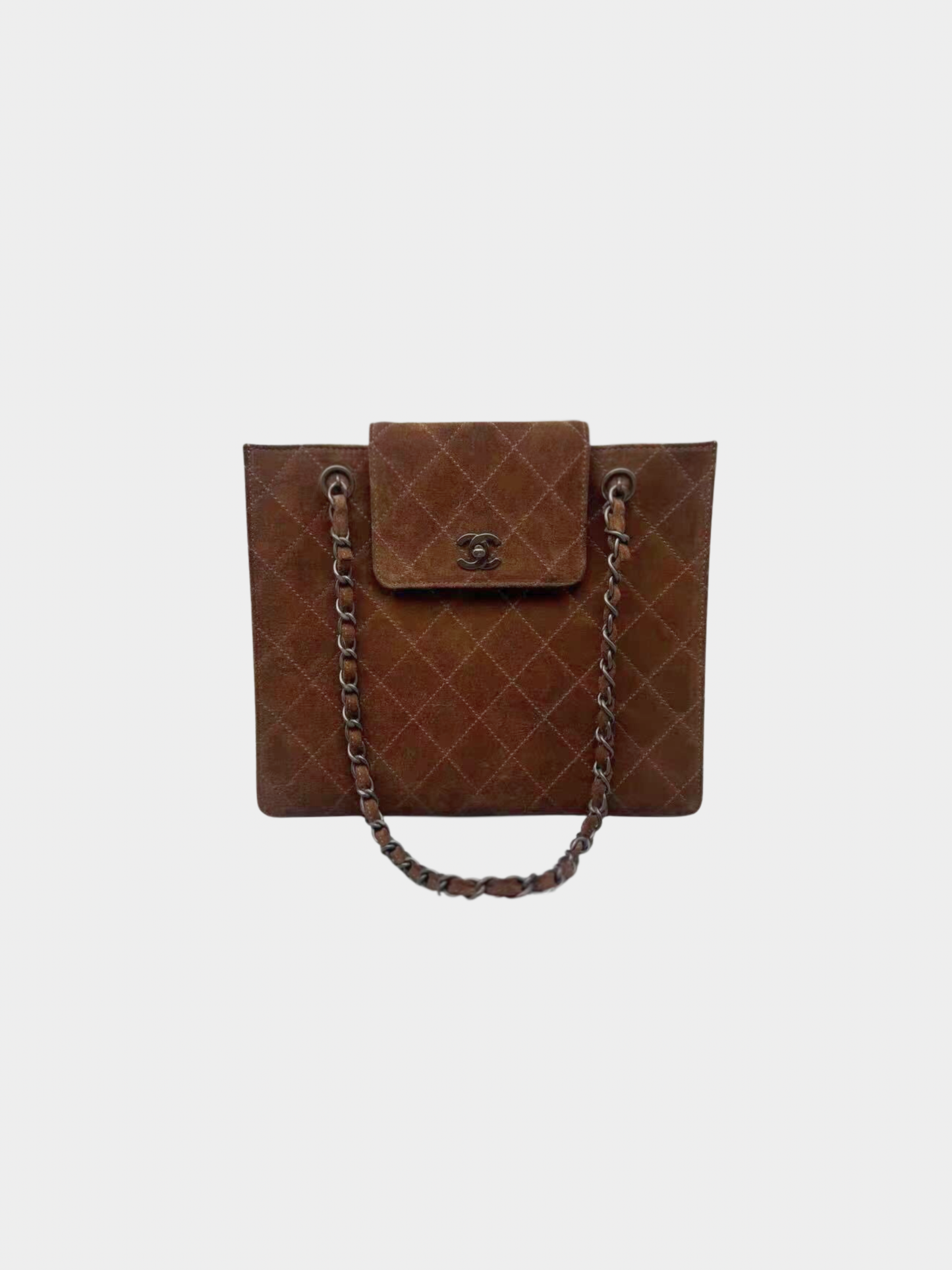 Chanel 1990s Brown Suede Matelassé Shopping Shoulder Bag