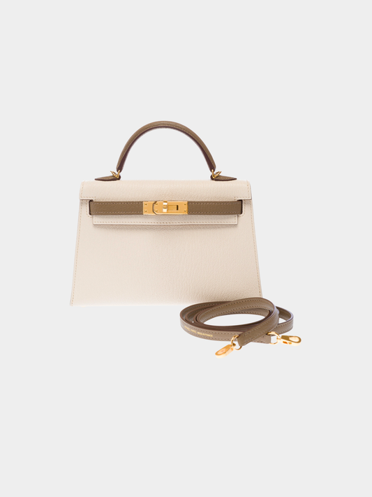 Hermès 2020s Beige and Gray Chèvre Mysore Mini Kelly 20 Sellier Bag