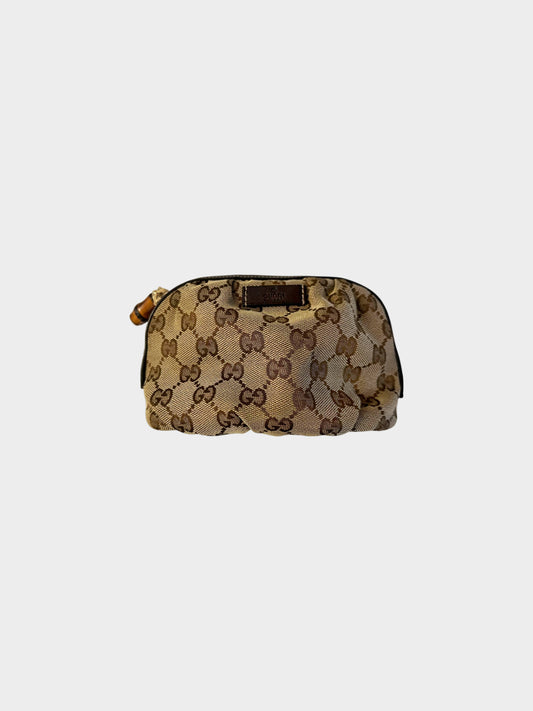 Gucci 2000s Brown Monogram Cosmetic Pouch with Bamboo Zipper Pull
