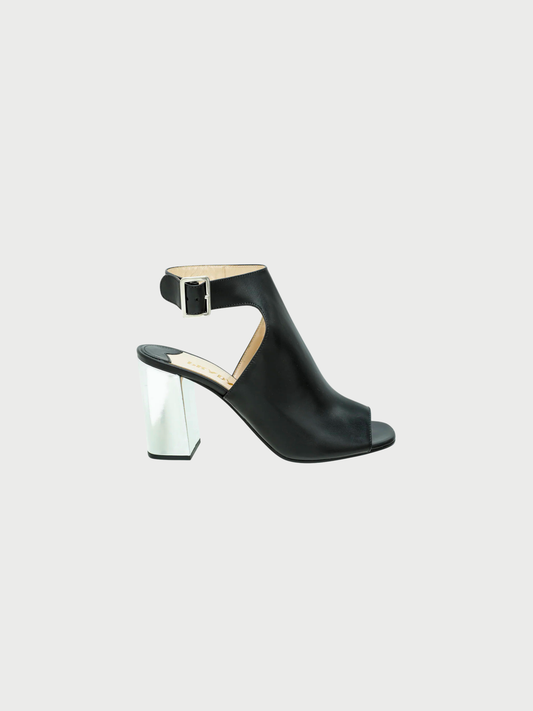 Prada 2010s Black Leather Silver Block Heel Sandals
